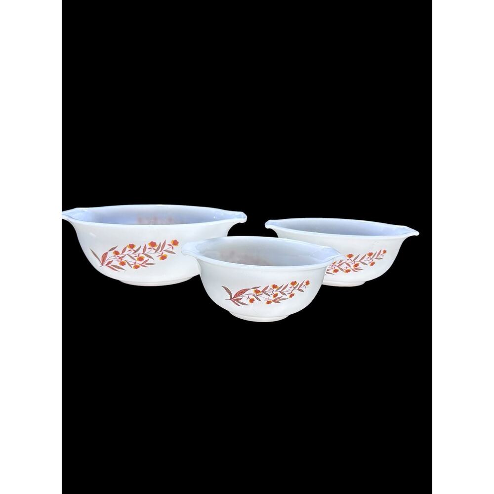 Rare MCM Glasbake Jewel Tea Autumn Leaf Cinderella Nesting Mixing Bowls Set of 3